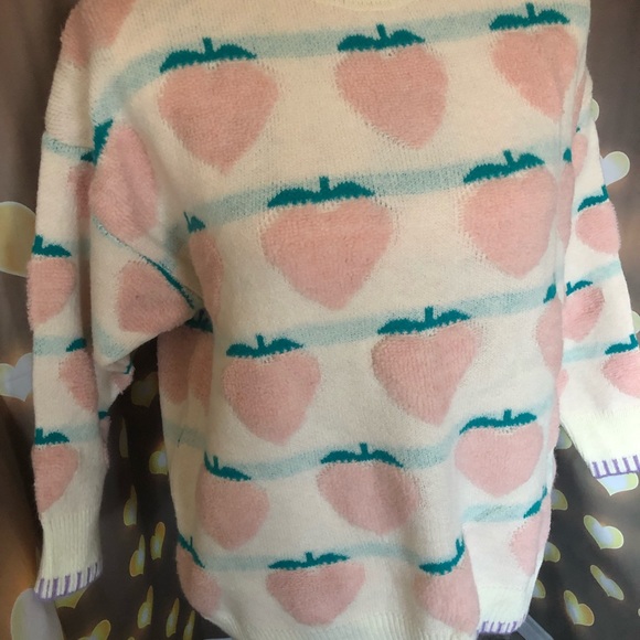 Peach sweater knit fuzzy stripe cream green loose - Picture 4 of 7